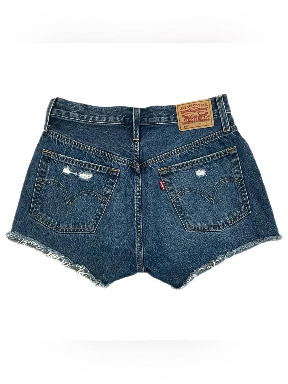 Women’s Levi's 501 Distressed Denim Jean Shorts W26 Ripped Frayed Hem Blue